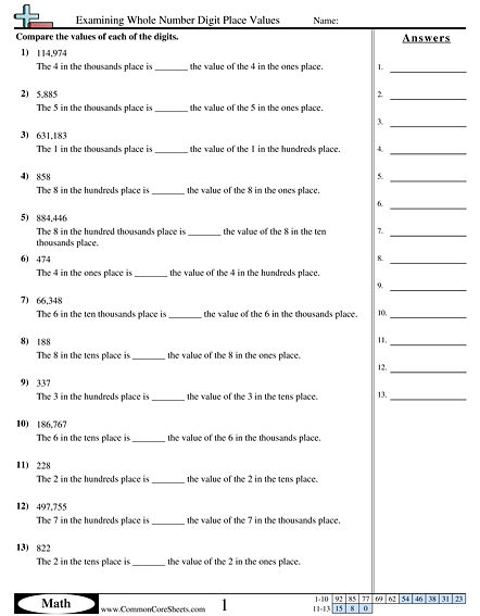 Examining Whole Number Digit Place Values  Worksheet - Examining Whole Number Digit Place Values  worksheet